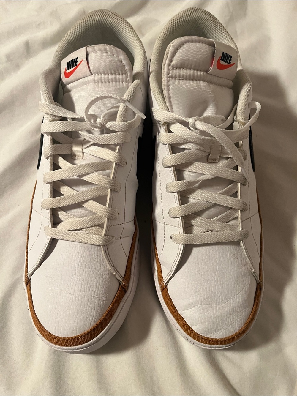 Nike men’s court legacy White Sneakers with Brown Trim and Black Swoosh